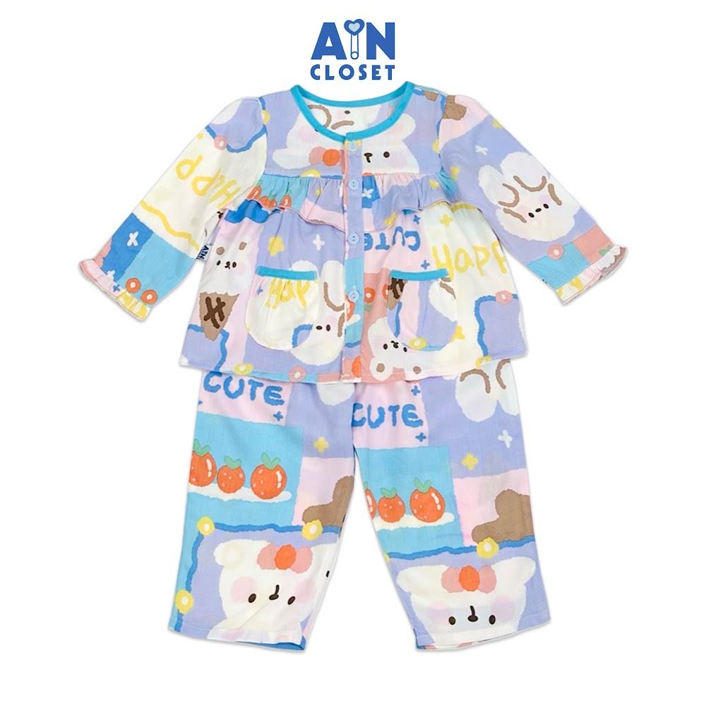 Bộ quần áo Dài bé gái họa tiết Gấu Cute Xanh lanh lụa. - AICDBGSYYE3P - AIN Closet