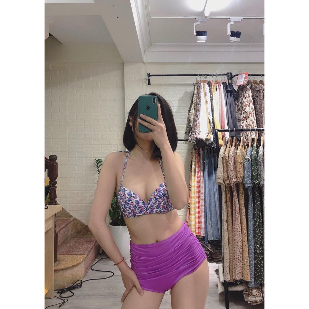 Bikini 2 mảnh áo bơi nữ đẹp mặc đi biển hoa tím nhỏ nổi bật