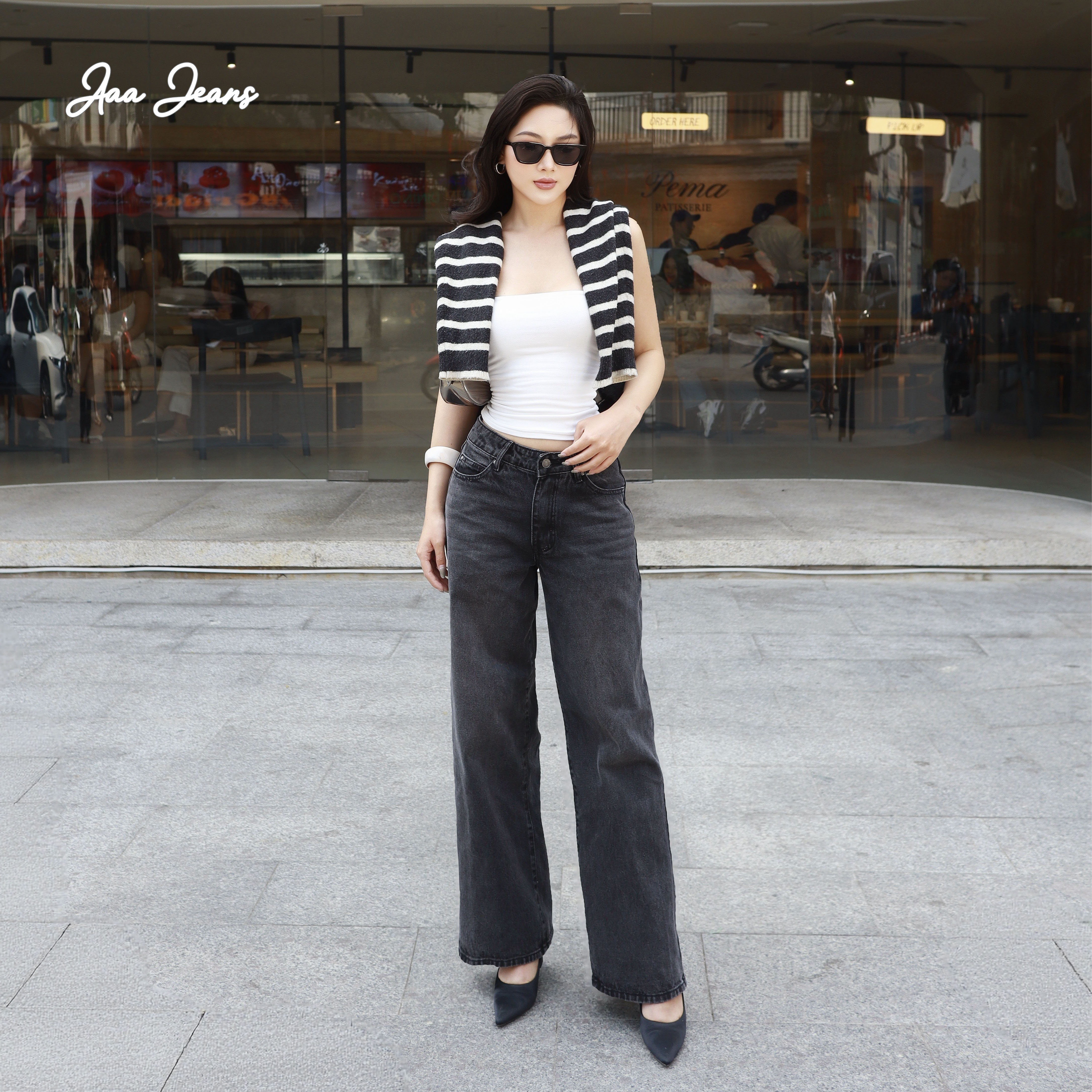 Quần jeans nữ màu xám ống suông lưng thấp Aaa Jeans