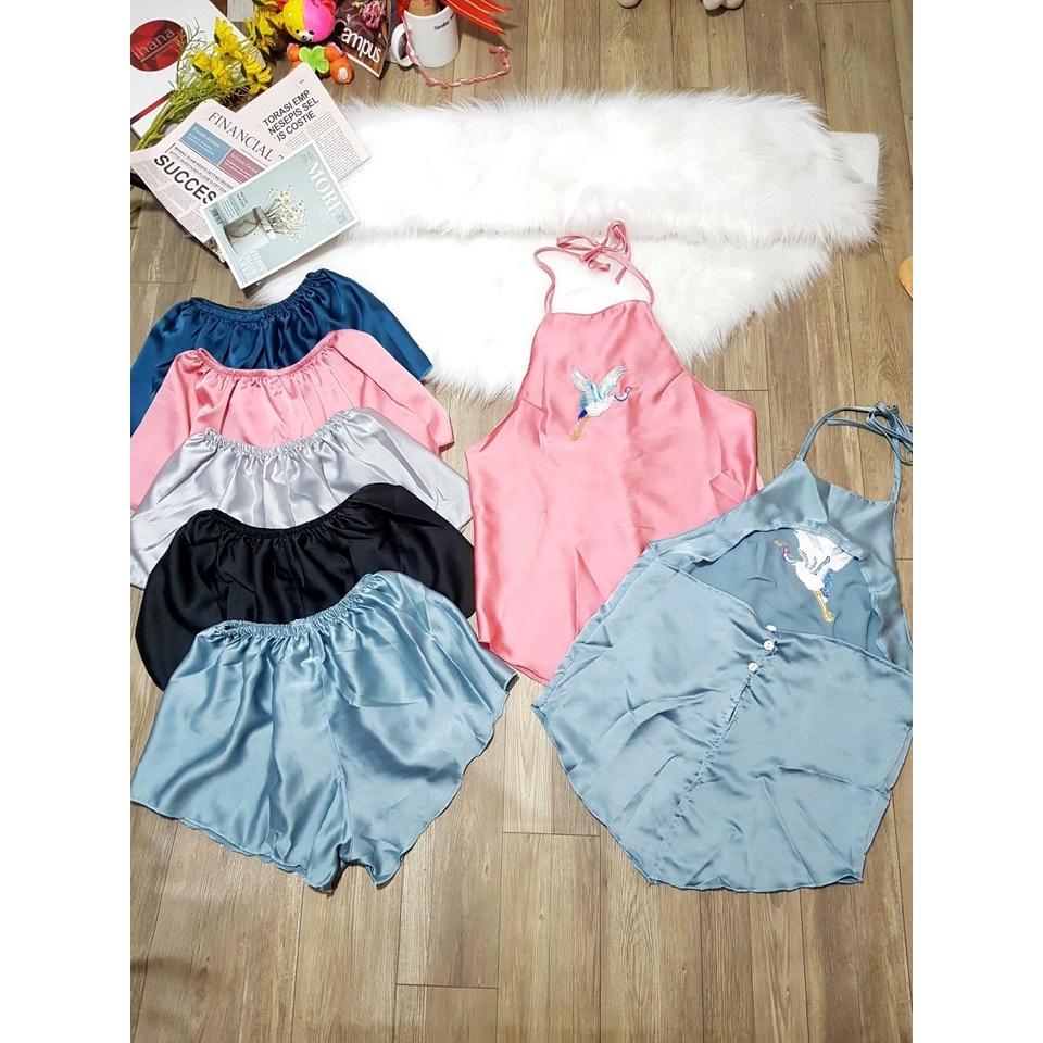 Đồ ngủ sexy, đồ ngủ yếm thêu, bộ ngủ lụa chất satin mềm mịn mát