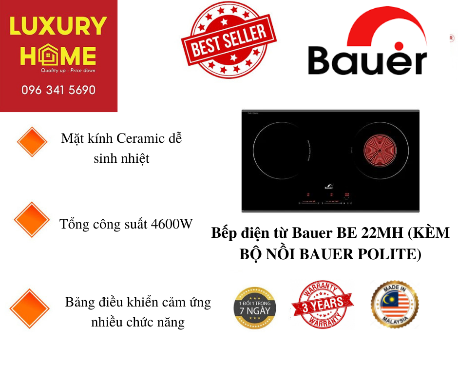 Bếp điện từ Bauer BE 22MH (KÈM BỘ NỒI BAUER POLITE) - Hàng Chính Hãng