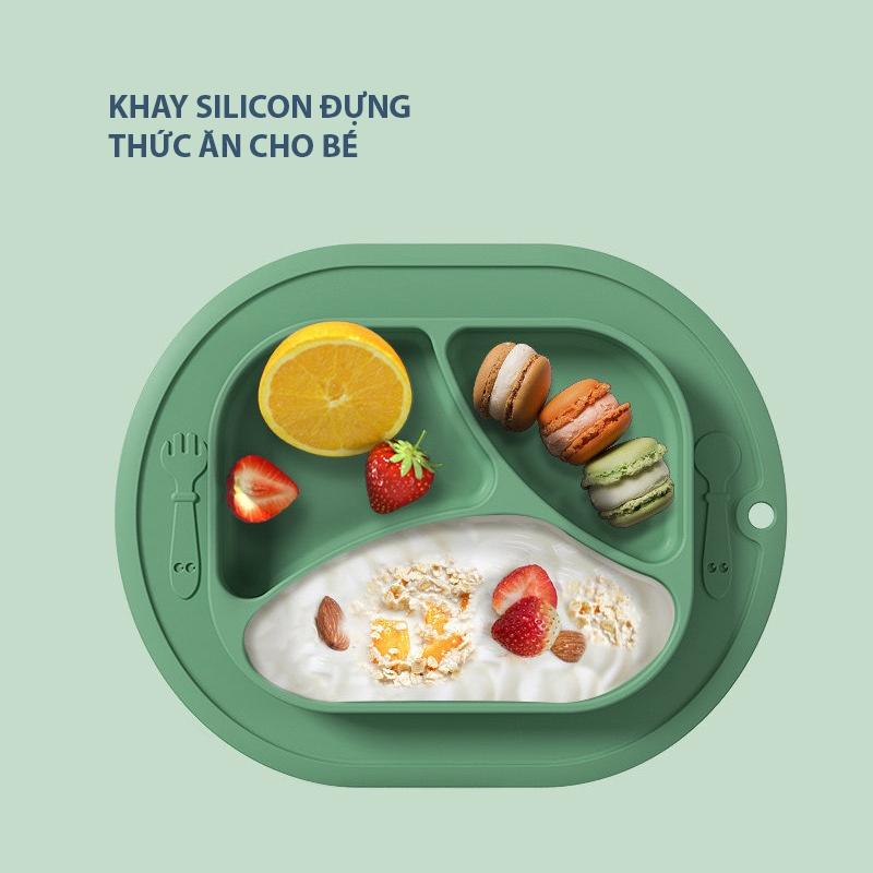 Khay Ăn Dặm Silicon Cao Cấp Cho Bé,Đế Hút Chân Không Chống Lật Chống Đổ