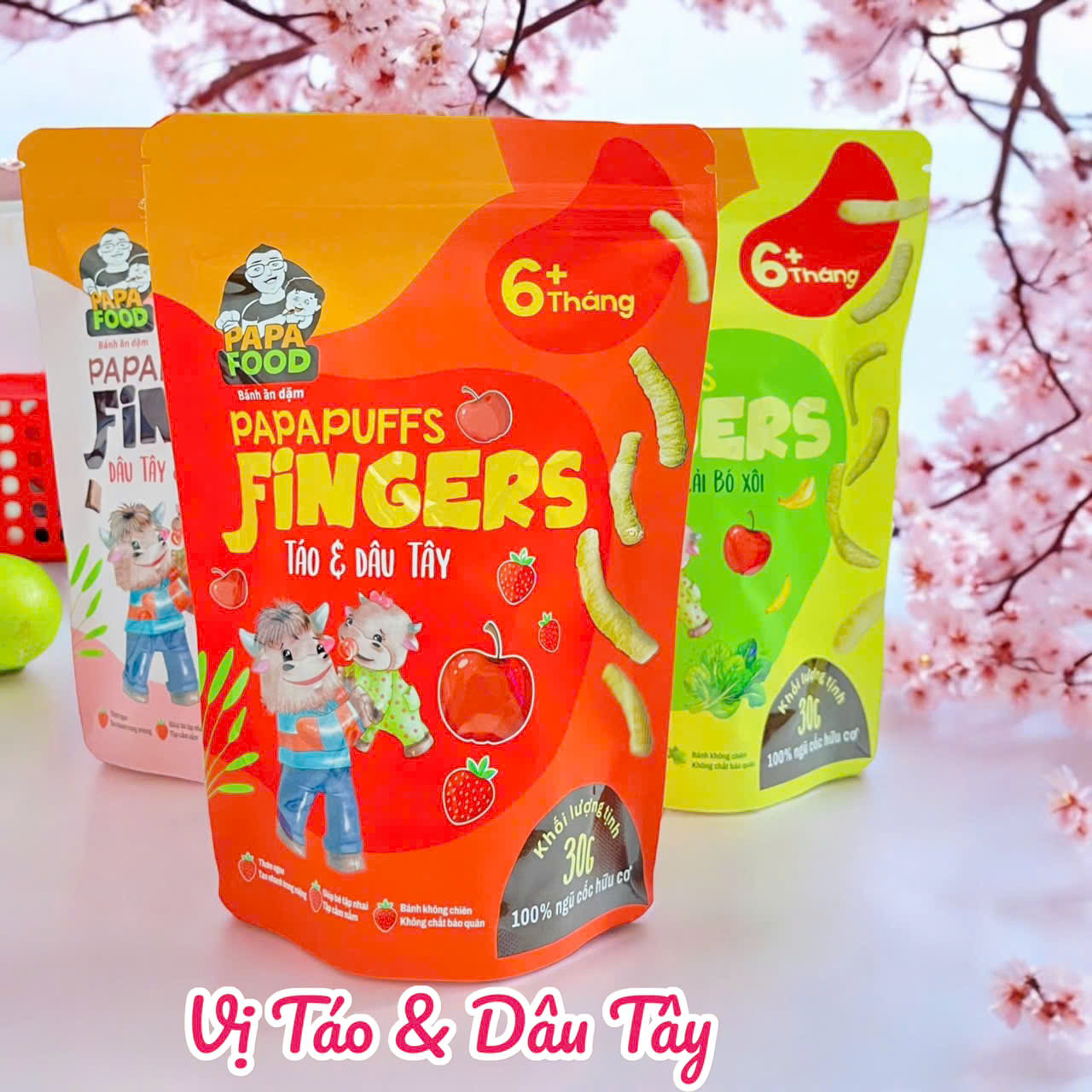 Bánh ăn dặm PAPAFOOD PAPAPUFFS Vị Táo &amp; Dâu Tây - 100% Ngũ Cố Hữu Cơ - Gói 30G
