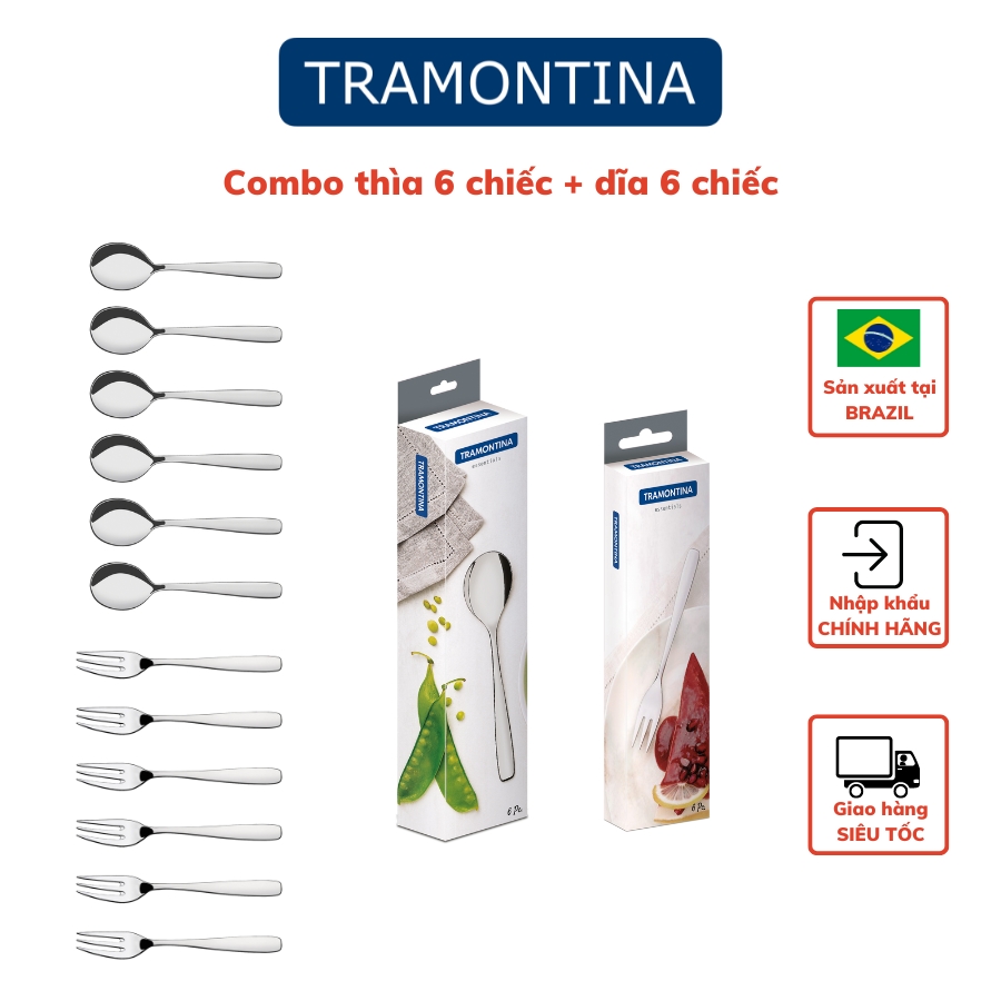 Combo 2 Thìa Dĩa Gồm 1 Bộ 6 Món Thìa và 1 Bộ 6 Món Dĩa TRAMONTINA Chất Liệu Thép Không Gỉ Sản Xuất Tại BRAZIL - Hàng Chính Hãng