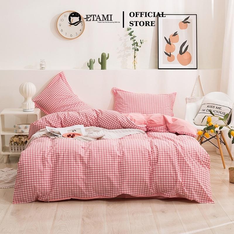 Bộ chăn ga gối đệm cao cấp cotton poly kẻ hồng nhí cute bo chun drap giường ga trải giường P11