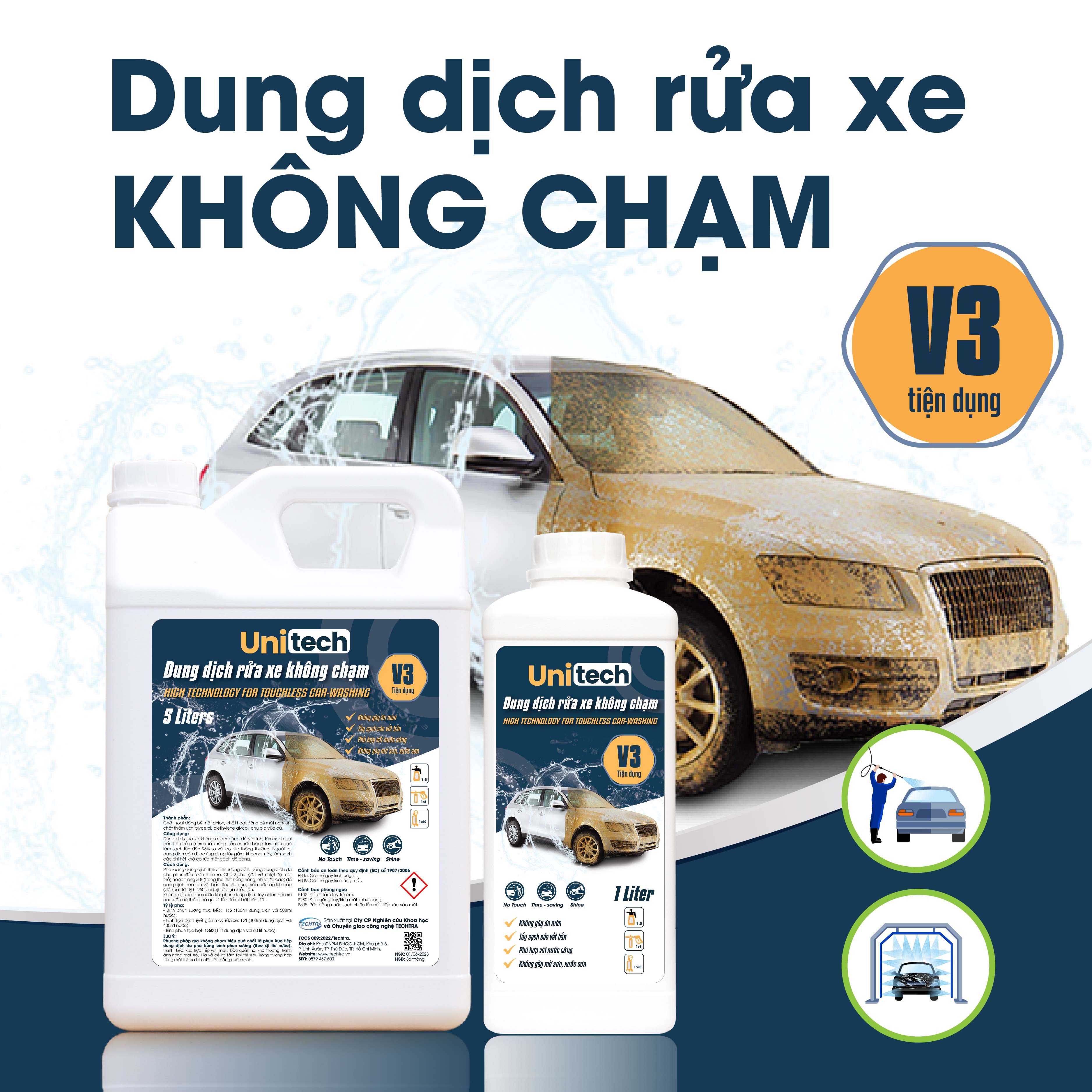 Nước rửa xe không chạm UNITECH V3 | Xà phòng rửa ô tô, xe máy pH trung tính bảo vệ màu sơn