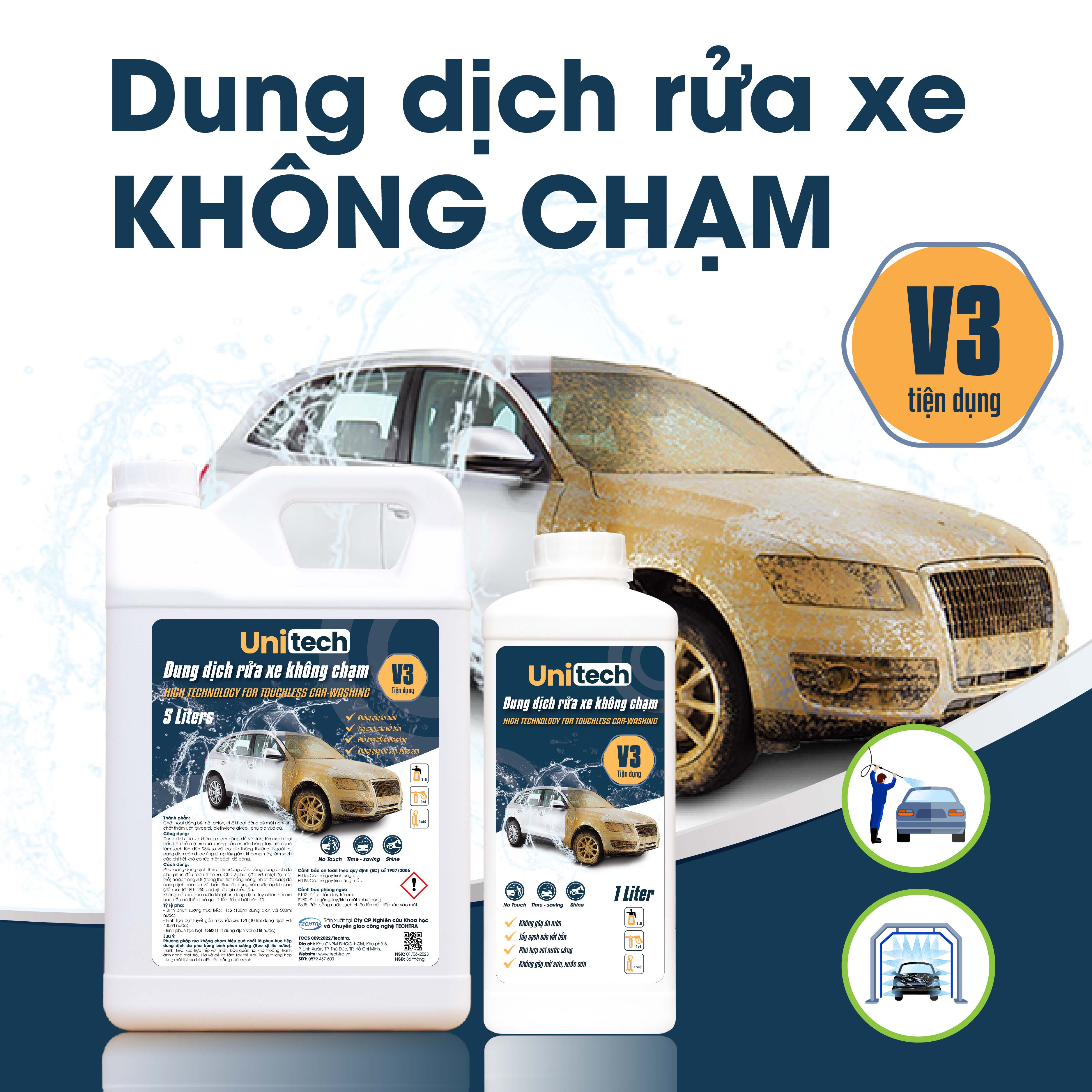 Nước rửa xe không chạm UNITECH V3 (1 lít) | Xà phòng rửa ô tô, xe máy pH trung tính bảo vệ màu sơn