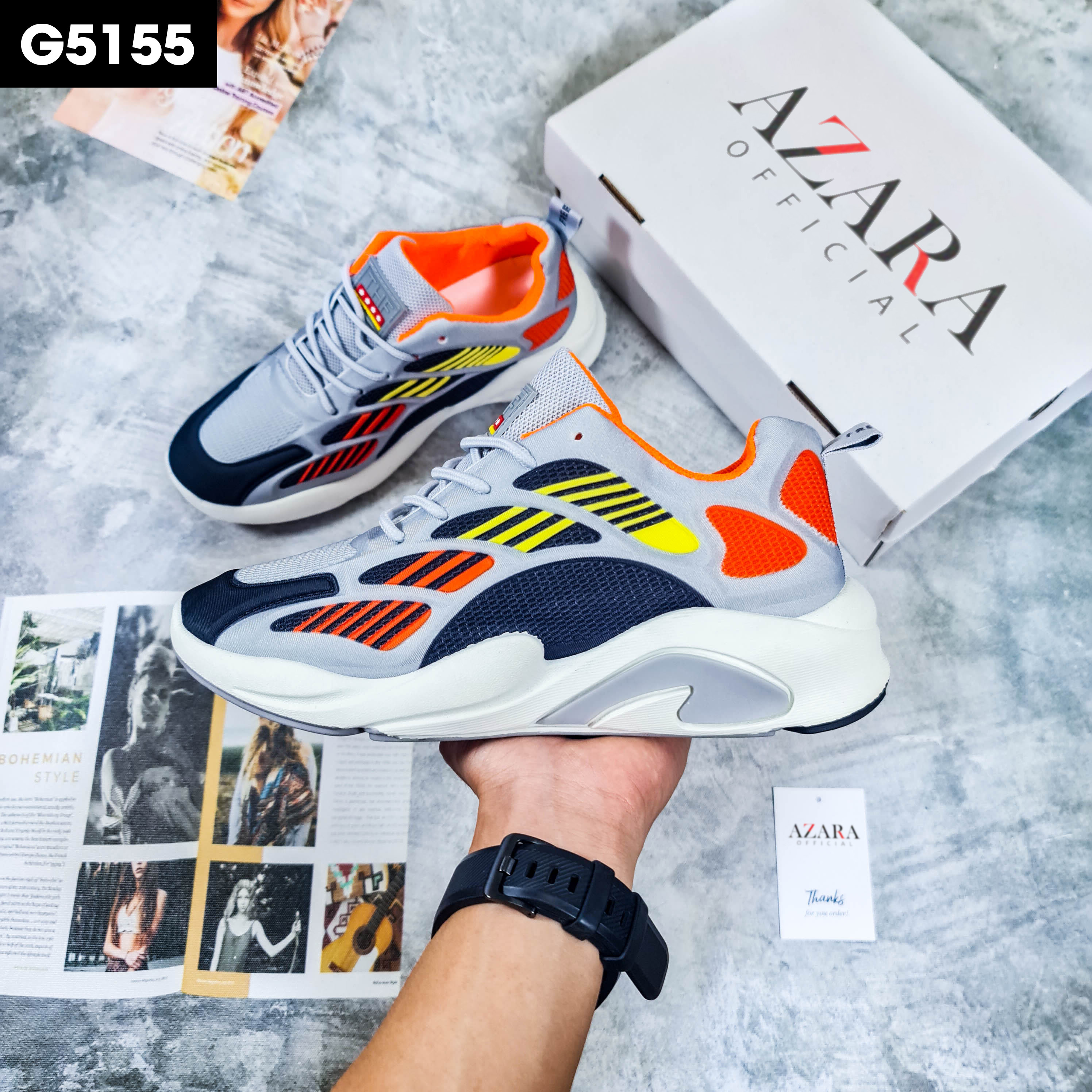 Giày Thể Thao Nam AZARA - Sneaker Màu Đen Viền Xám - Xám, Giày Thể Thao Vận Động, Thoáng Khí - G5150