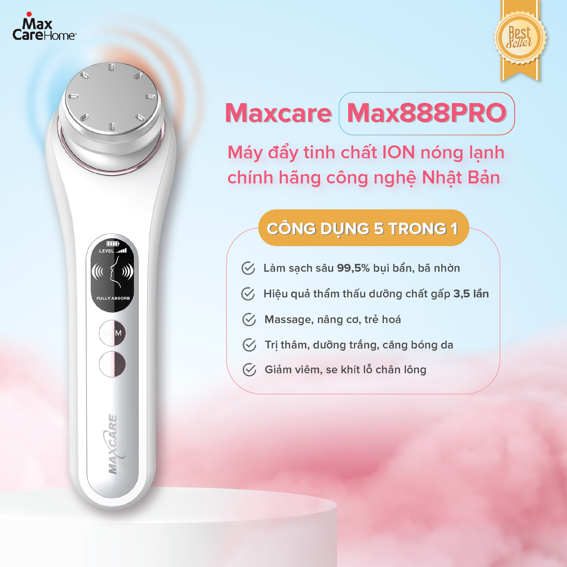 Máy Điện Di Tinh Chất Nóng Lạnh, Máy Massage Mặt Cầm Tay Maxcare MAX888PRO Công Nghệ Điện Châm EMS Kết Hợp Ion Tẩy Trang Sạch Sâu Dưỡng Ẩm Trắng Da Chống Lão Hóa - Máy Mát Xa Đẩy Tinh Chất Matxa Mặt Cổ