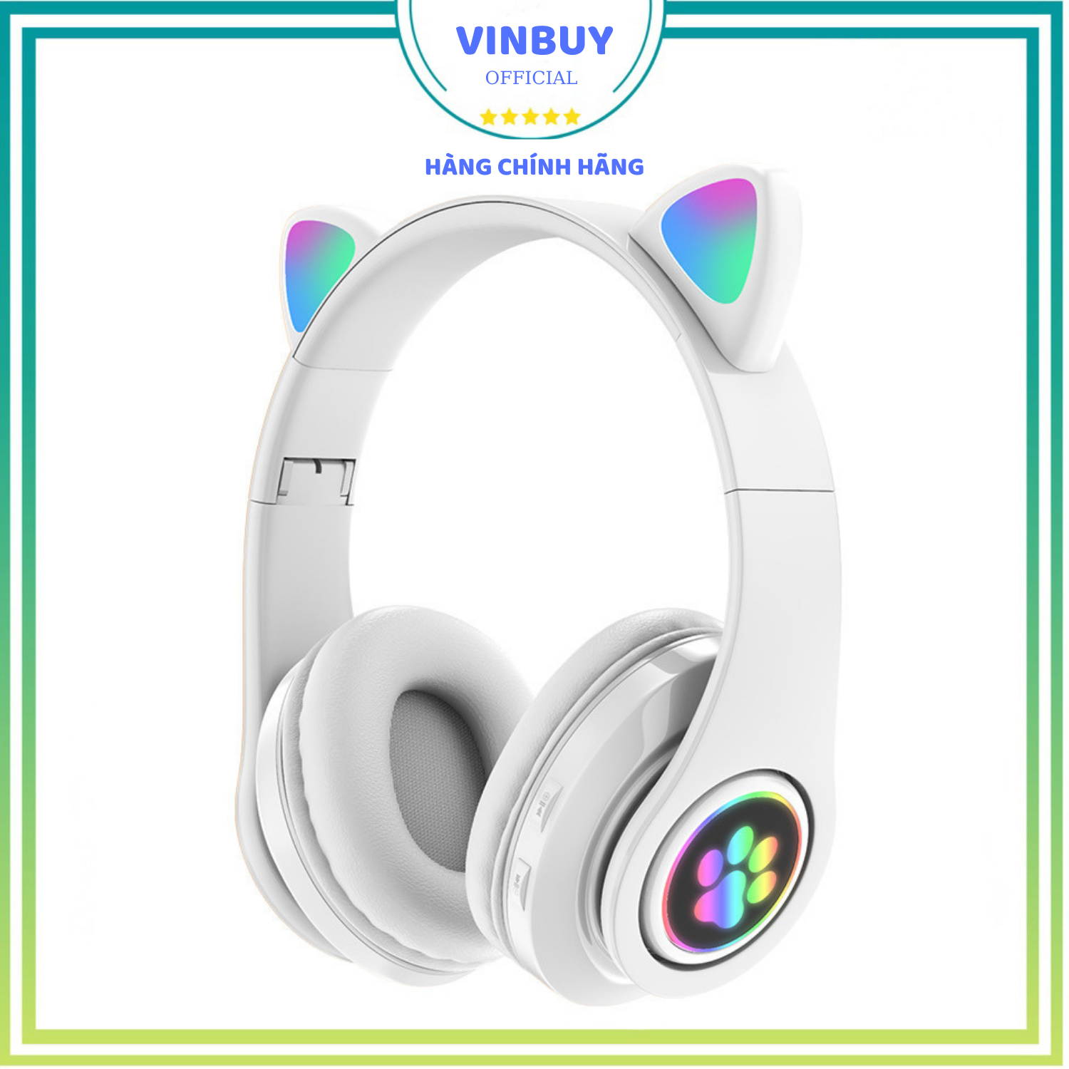 Tai Nghe Bluetooth Tai Mèo Phát Sáng VinBuy, Tai Nghe Không Dây, Tai Nghe Chụp Tai, Tai Nghe Mèo Có Mic, Đèn LED Và Âm Bass Mạnh Mẽ - Chính Hãng - Trắng