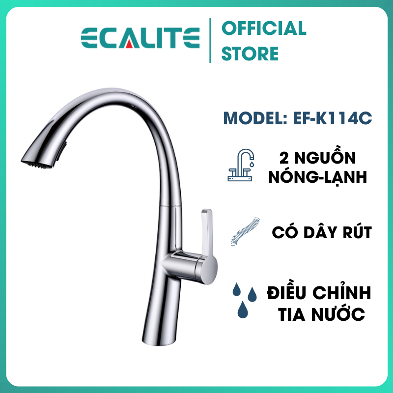 Vòi Rửa Chén Nóng Lạnh S-curve Ecalite EF-K114C - Có Dây Rút - Điều Chỉnh Tia Nước - Đồng Mạ Chrome Cực Đẹp - Hàng Chính Hãng