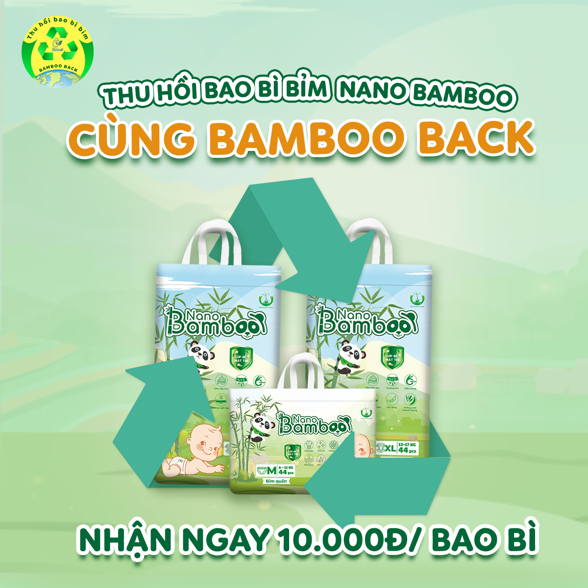 [Chính Hãng][Ảnh Thật] Tã/Bỉm Quần Nano Bamboo sợi tre thiên nhiên size XXL (16-22kg) (44 miếng + 3)