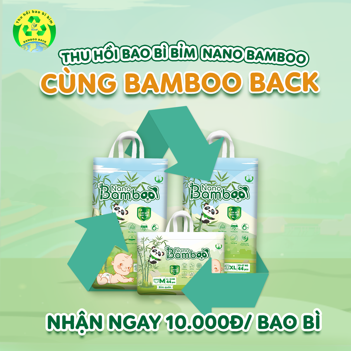 COMBO 6 Bịch tã/bỉm Dán Nano Bamboo sợi tre NB1/S/ M(336 miếng) tiết kiệm 300k kèm quà tặng
