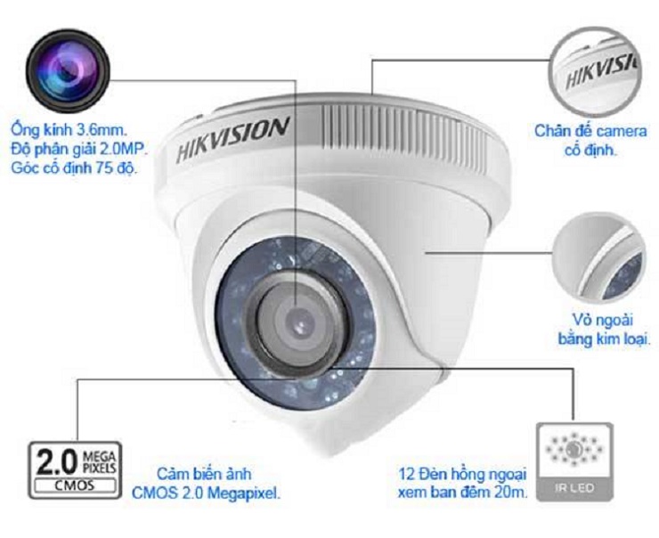 Camera HD-TVI Dome Hồng Ngoại 2MP HIKVISION DS-2CE56D0T-IRP - Hàng Chính Hãng