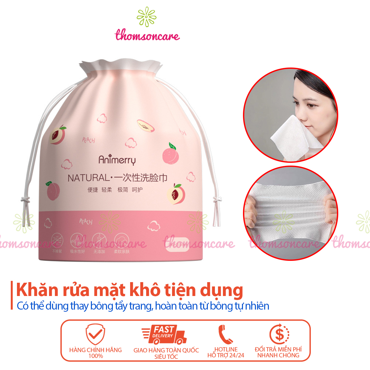 Khăn mặt khô Animerry dùng 1 lần lau khô, lau ướt từ 100% bông tự nhiên, có thể dùng thay bông tẩy trang