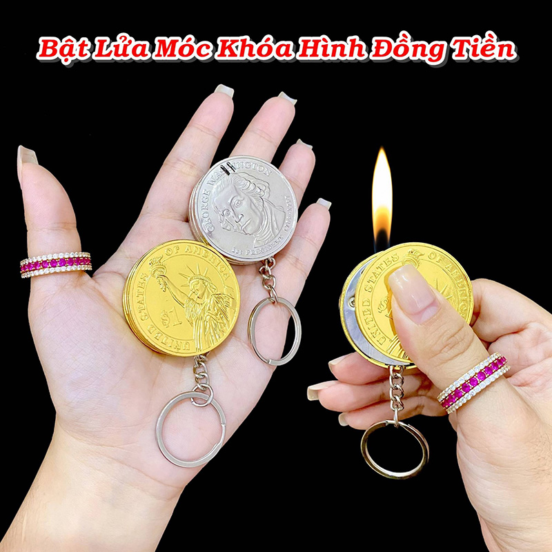 Bật Lửa Móc Khóa Đồng Xu Vàng Bạc Kim Loại - Xài Gas