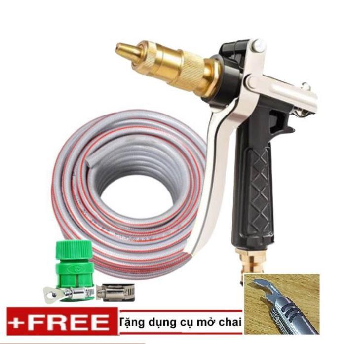 Bộ dây vòi xịt nước rửa xe, tưới cây . tăng áp 3 lần, loại 20m 206236 đầu đồng,đai +tặng mở chai TL