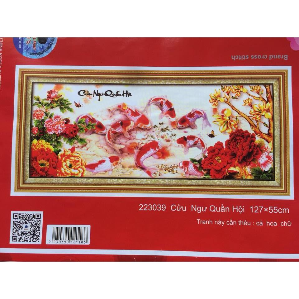 Tranh thêu chữ thập cửu ngư quần hội I 127x55cm I 223039