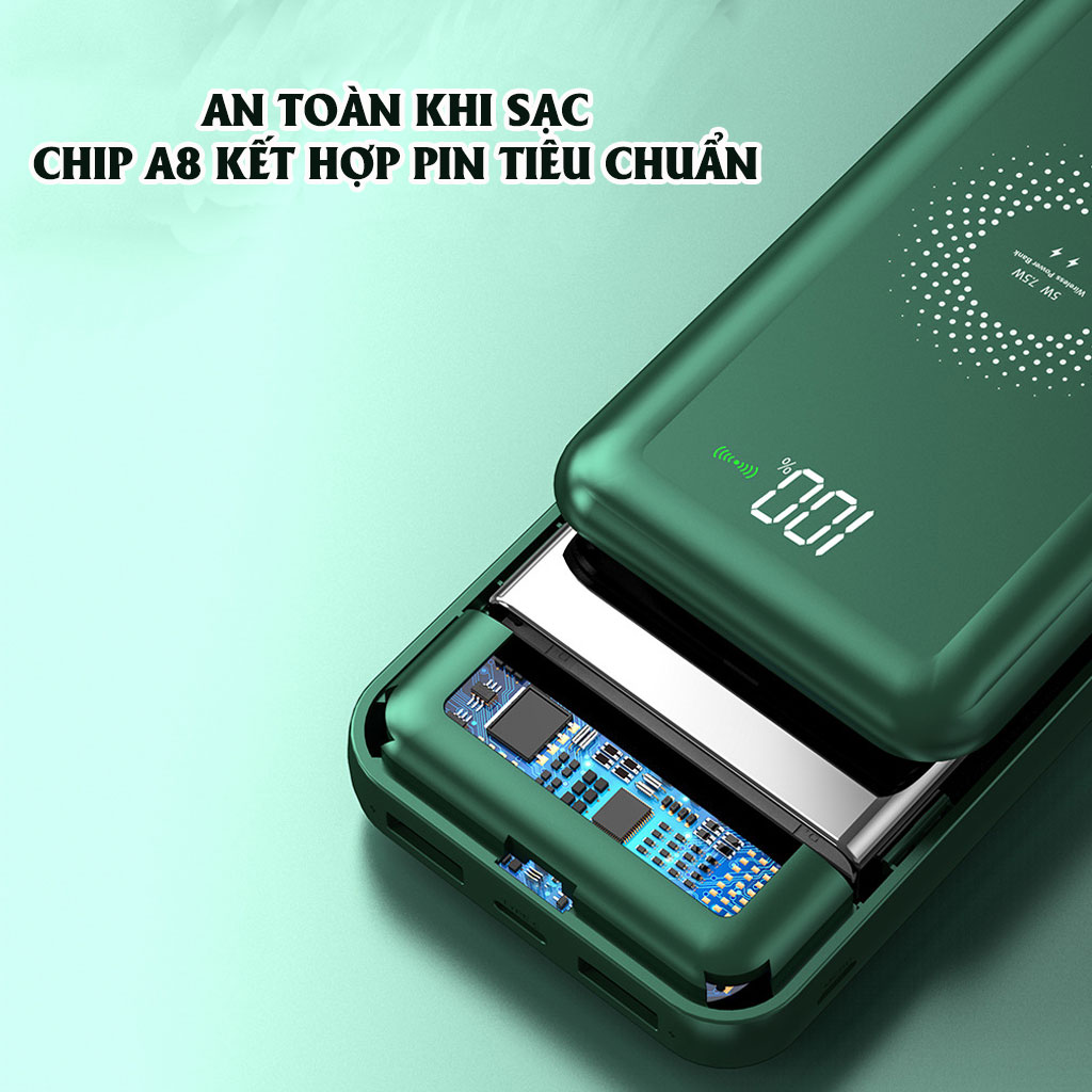 Pin sạc dự phòng Tích hợp sạc không dây HXSJ 10000mAh, Hỗ trợ sạc nhanh cổng usb 2.1A Kèm sẵn 4 đầu sạc cho các dòng điện thoại - Hàng chính hãng