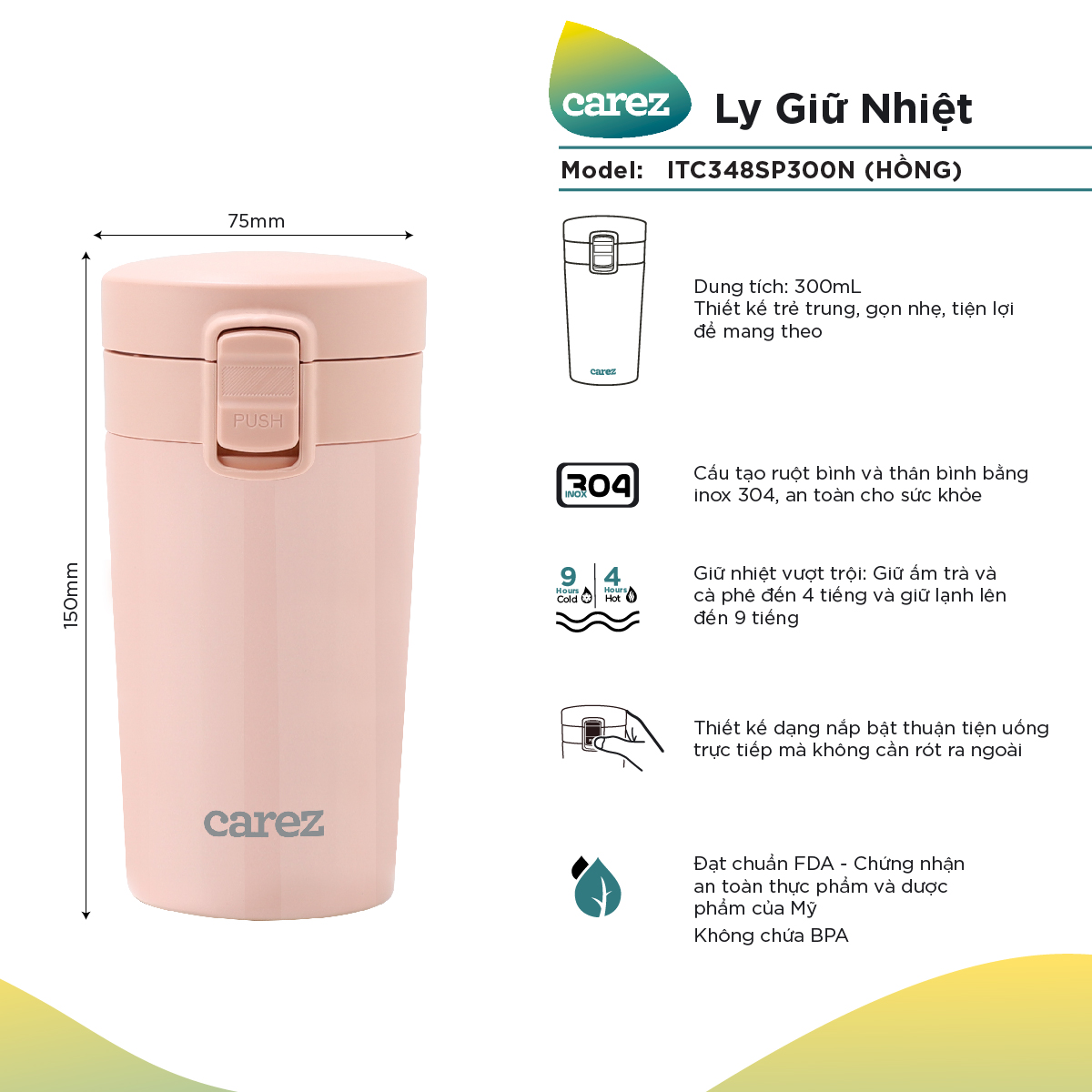 LY GIỮ NHIỆT CAREZ  ITC348 (300ml - FDA, BPA Free ) - Hàng chính hãng - ITC348SK300N