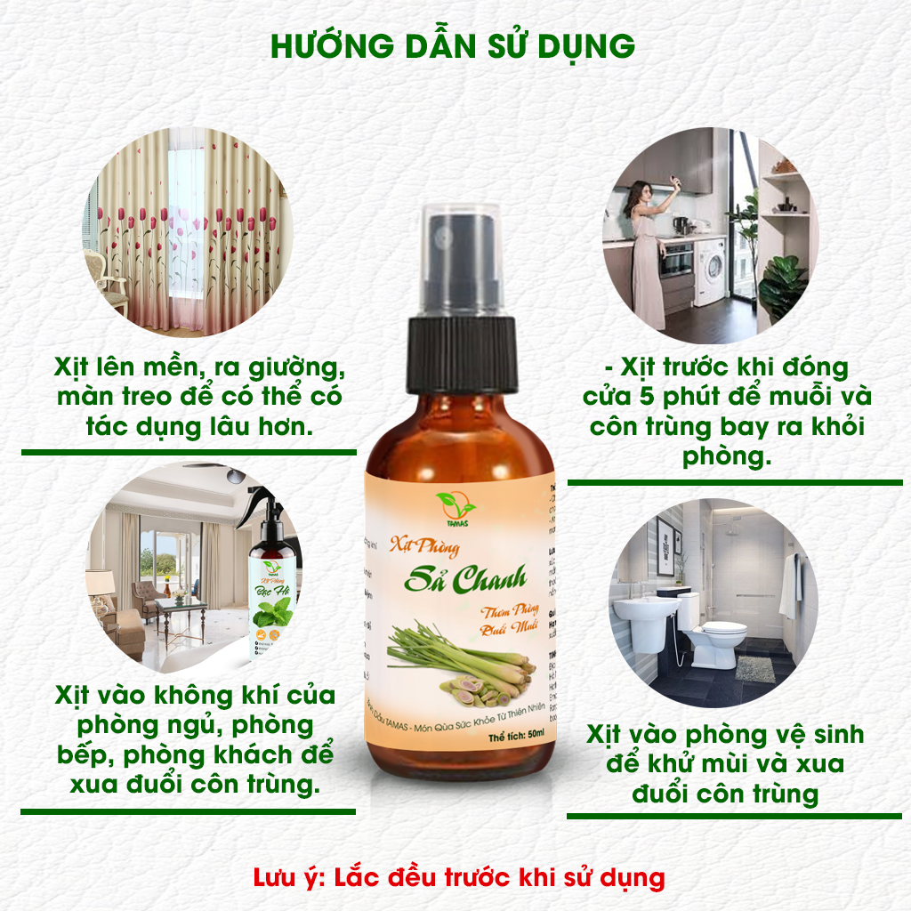 Xịt thơm phòng tinh dầu Sả chanh 50ml - Kháng khuẩn - Khử mùi hôi - Đuổi muỗi và các loại côn trùng - Hương thơm thư giãn