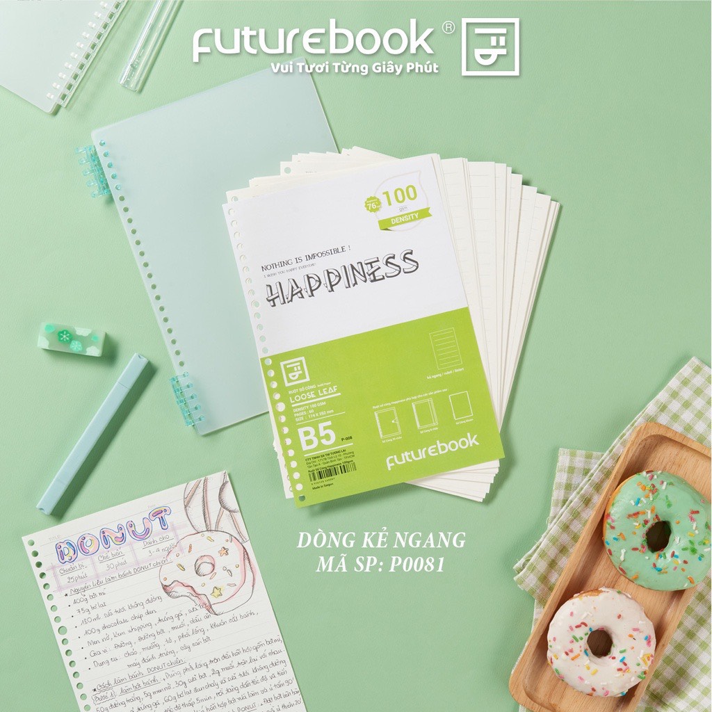 FUTUREBOOK-Ruột Sổ Còng Binder Happiness B5 26Lỗ_(120TR) Dòng Kẻ Ngang_Caro_Chấm Dot.Phù hợp với các SP SỔ CÒNG của SHOP