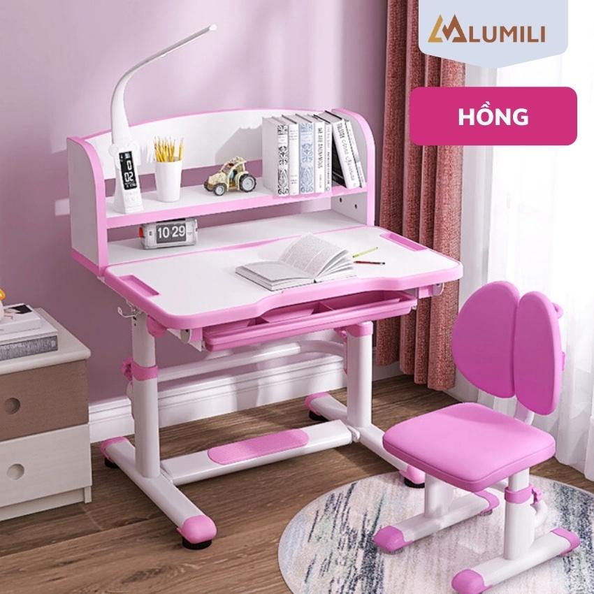 Bàn học có giá sách cho bé Lumili R9 Premium chống gù chống cận, bàn học kèm kệ sách cho bé, phù hợp cho học sinh