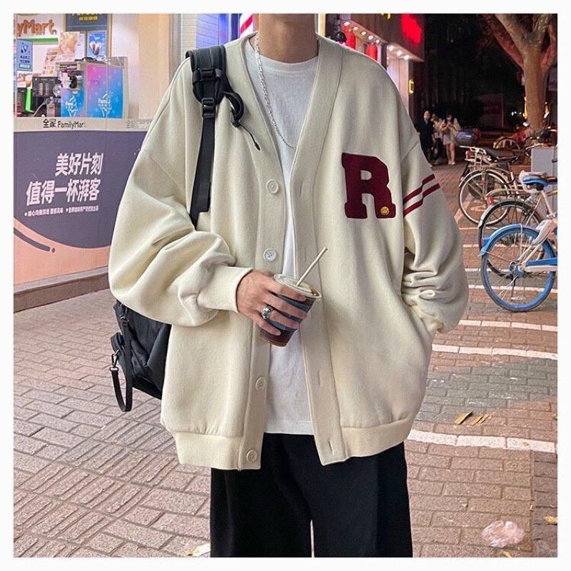 Áo Khoác Cardigan Bomber Nỉ Bông IN LOGO R Sọc Viển Tay Form Rộng Basic Nam Nữ Unisex Ulzzang KUN