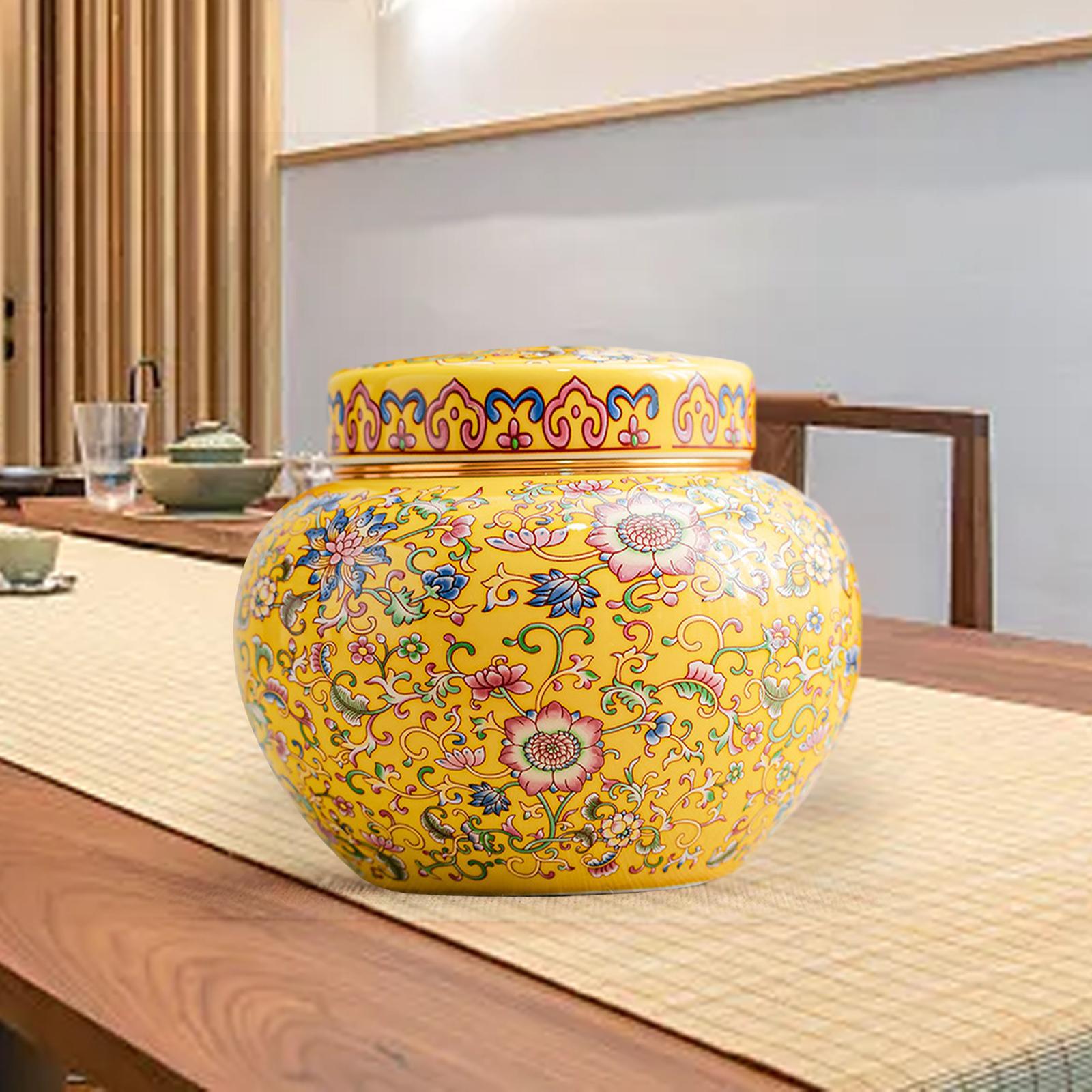 Tea Canister Floral Temple Jar with Lid Multipurpose Artwork Storage Container Desk Jar Vase Ceramic Ginger Jar for Dining Room Office Decor