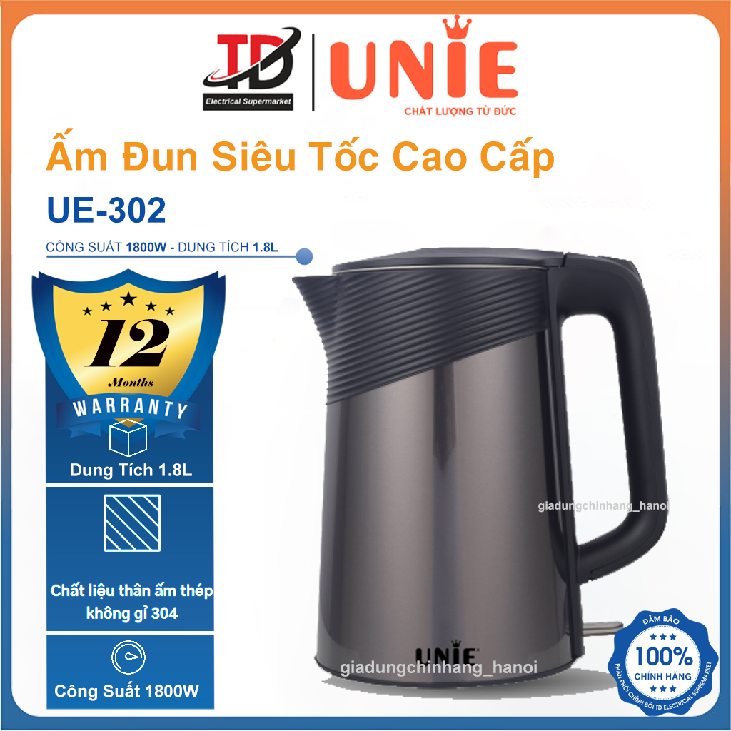 Ấm Đun Siêu Tốc Unie UE-302, 1.8Lit - 1800W, Thiết Kế 2 Lớp Cao Cấp, Hàng Chính Hãng