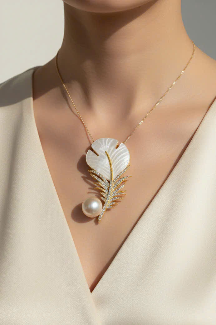 Trâm Cài Áo Vest, Áo Dài Xà Cừ Đính Ngọc Trai Baroque Hình Lông Vũ thời trang thiết kế Hity ACC402