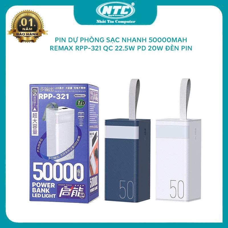 Pin dự phòng sạc nhanh Remax RPP-321 dung lượng 50000mAh đèn pin chiếu sáng - hỗ trợ QC 22.5 và PD 20W (2 màu tuỳ chọn