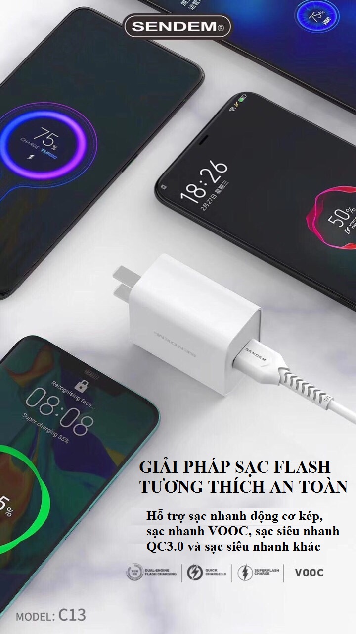 Củ sạc nhanh 22W (5A) SENDEM C13 - Hỗ trợ Qualcom 3.0 và VOOC cho các điện thoại đời cao của Iphone, Samsung, Oppo - Hàng chính hãng