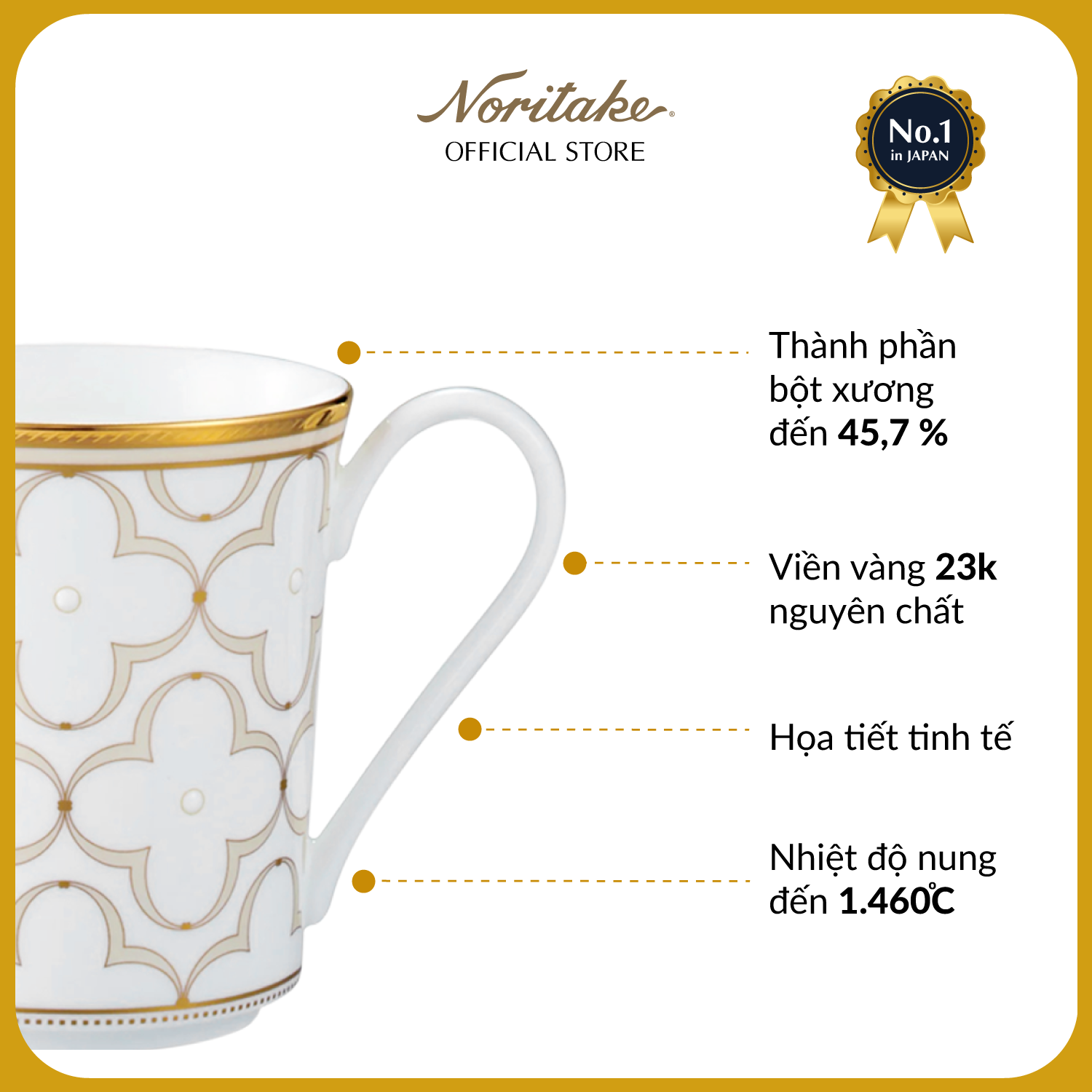 Cốc uống nước/ Cốc uống cà phê Noritake dòng Trefolio Gold sứ xương cao cấp