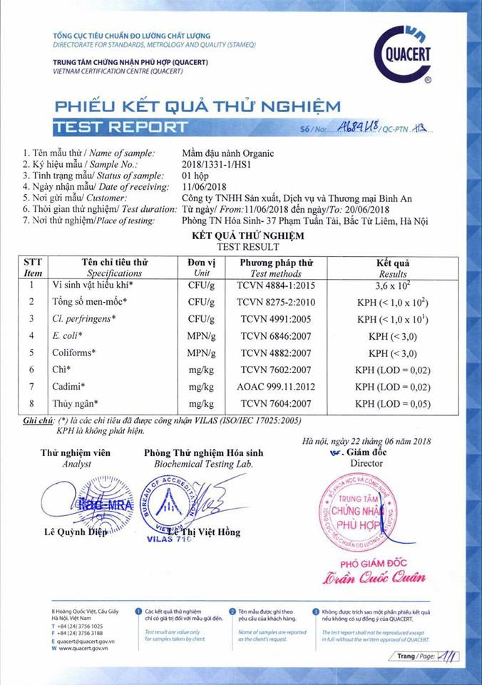 Kết quả kiểm nghiệm mầm đậu nành organic chính hãng do tổng cục tiêu chuẩn đo lường cấp