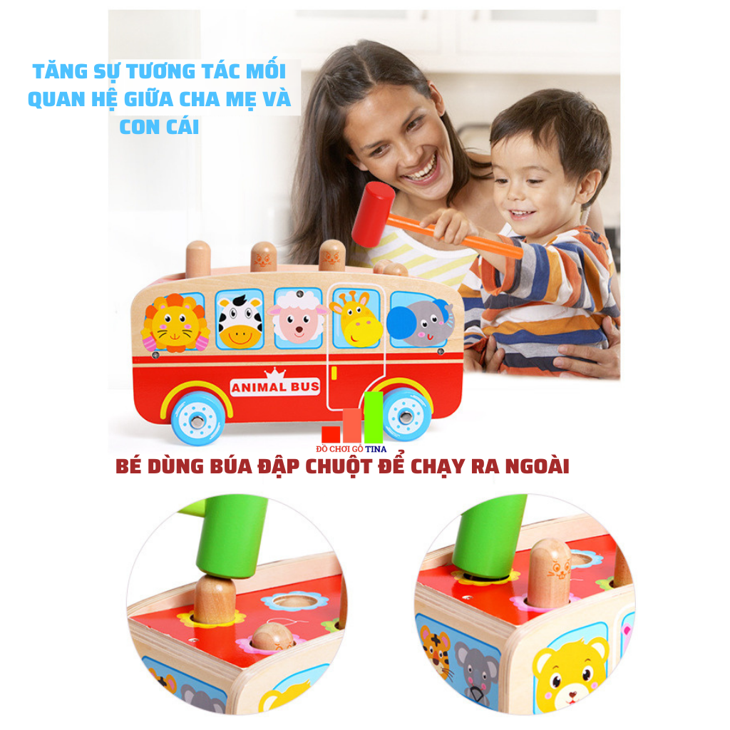 Đồ Chơi Gỗ giáo dục Cho Bé TINA Xe Bus Đập Chuột Boby Bằng Gỗ Trò Chơi Cho Bé Thông Minh Giáo Dục Sáng Tạo