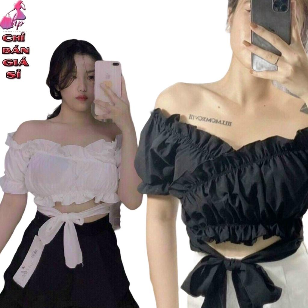 Áo kiểu croptop nữ đẹp ôm body tay ngắn cổ V thắt nơ phong cách hàn quốc cực dễ thương mẫu mới thời trang 2021-A19