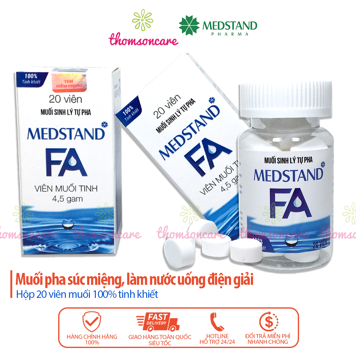 Muối sinh lý tự pha Medstand - Muốii viên tinh khiết - Hộp 20viên súc miệng, xúc họng, rửa vết thương