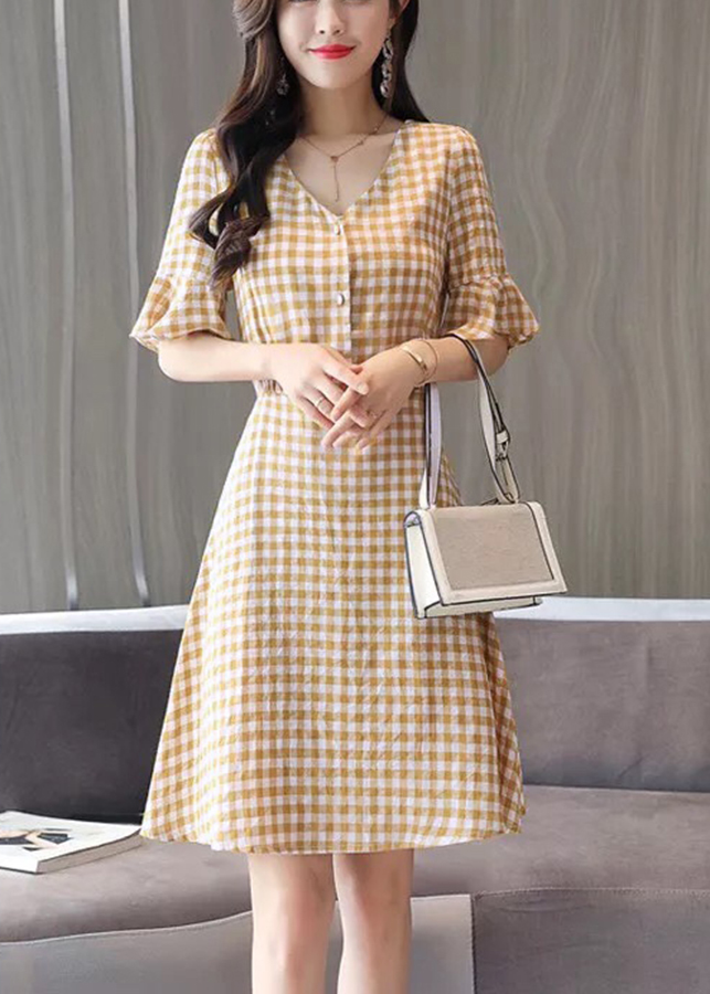 Đầm xòe caro tay loe - DT666