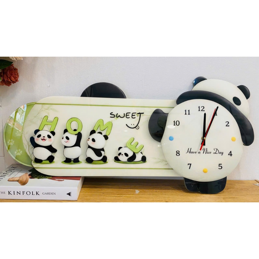 (HCM) Tranh đồng hồ đèn led tráng gương gấu trúc dễ thương 3 trang trí phòng bé kèm đinh treo