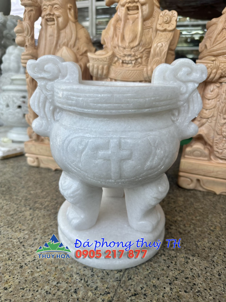 Lư hương, bát hương, bát nhang thờ cúng chạm thánh giá thiên chúa giáo đặt bàn thờ, mộ đá cẩm thạch trắng