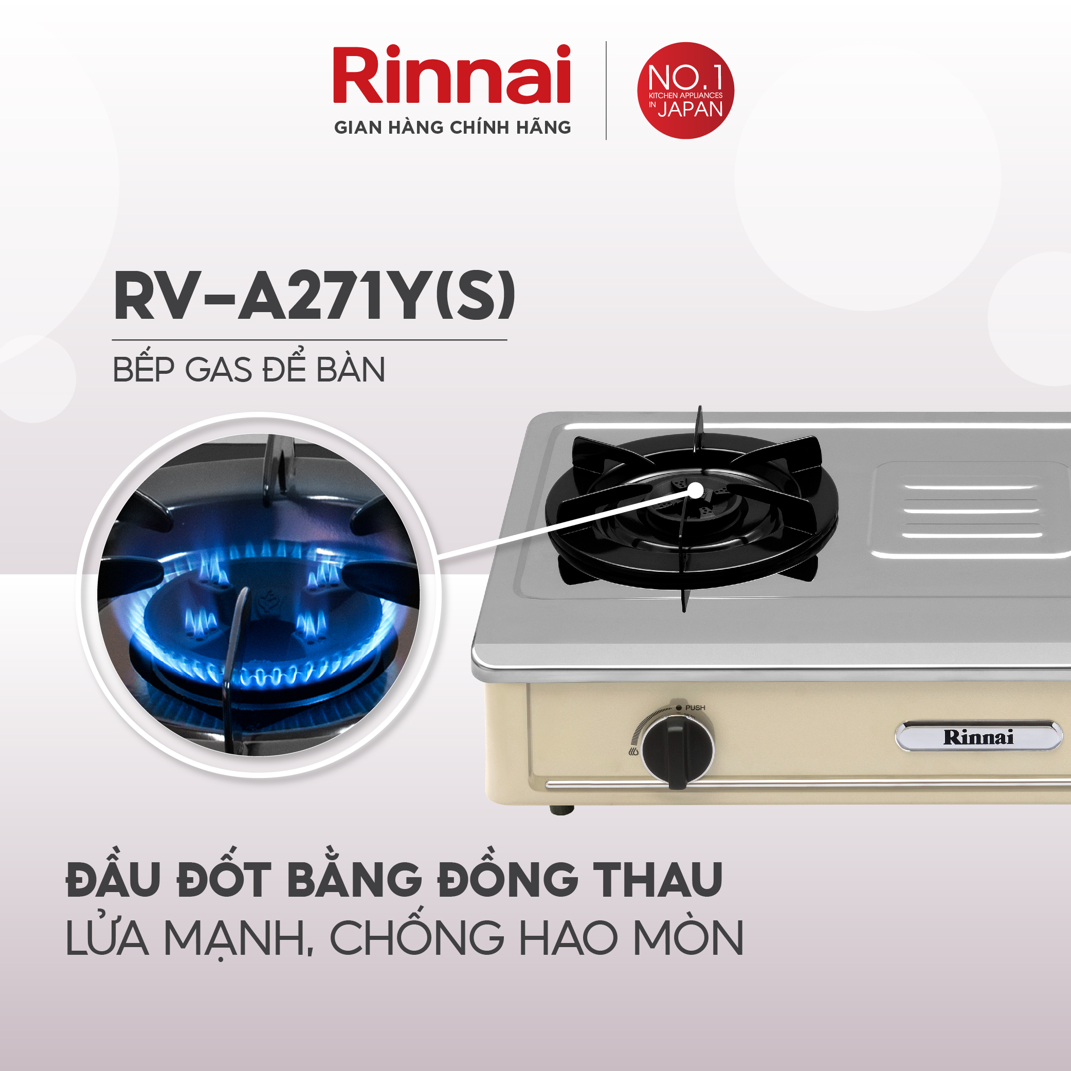 Bếp gas dương Rinnai RV-A271Y(S) mặt bếp inox và kiềng bếp men - Hàng chính hãng.