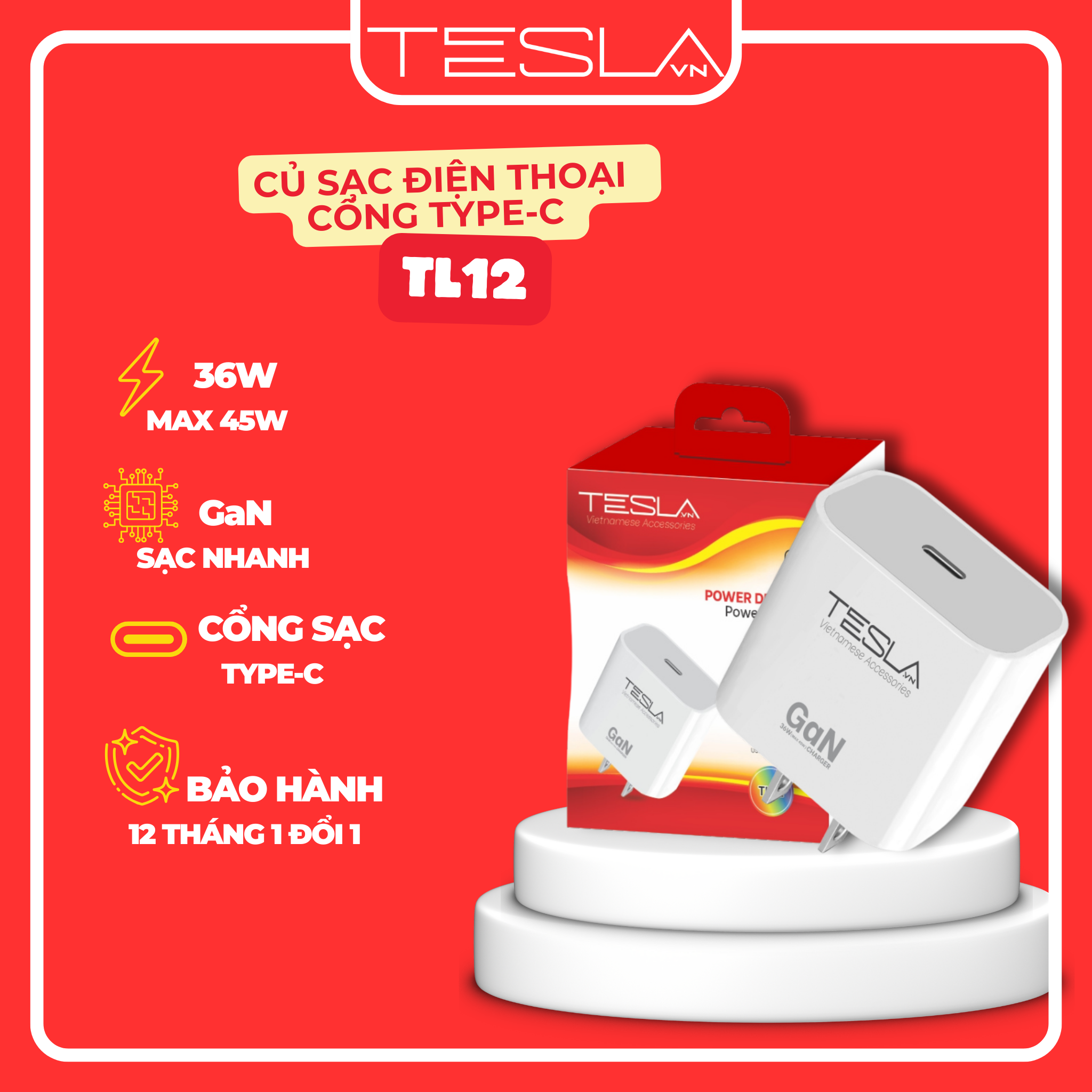 Củ sạc điện thoại HÀNG chính hãng TESLA TL12 | Bảo hành 12 tháng 1 đổi 1 | Made in Việt Nam