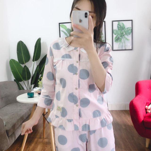 Đồ bộ mặc nhà, sau sinh cổ sen ren ảnh thật