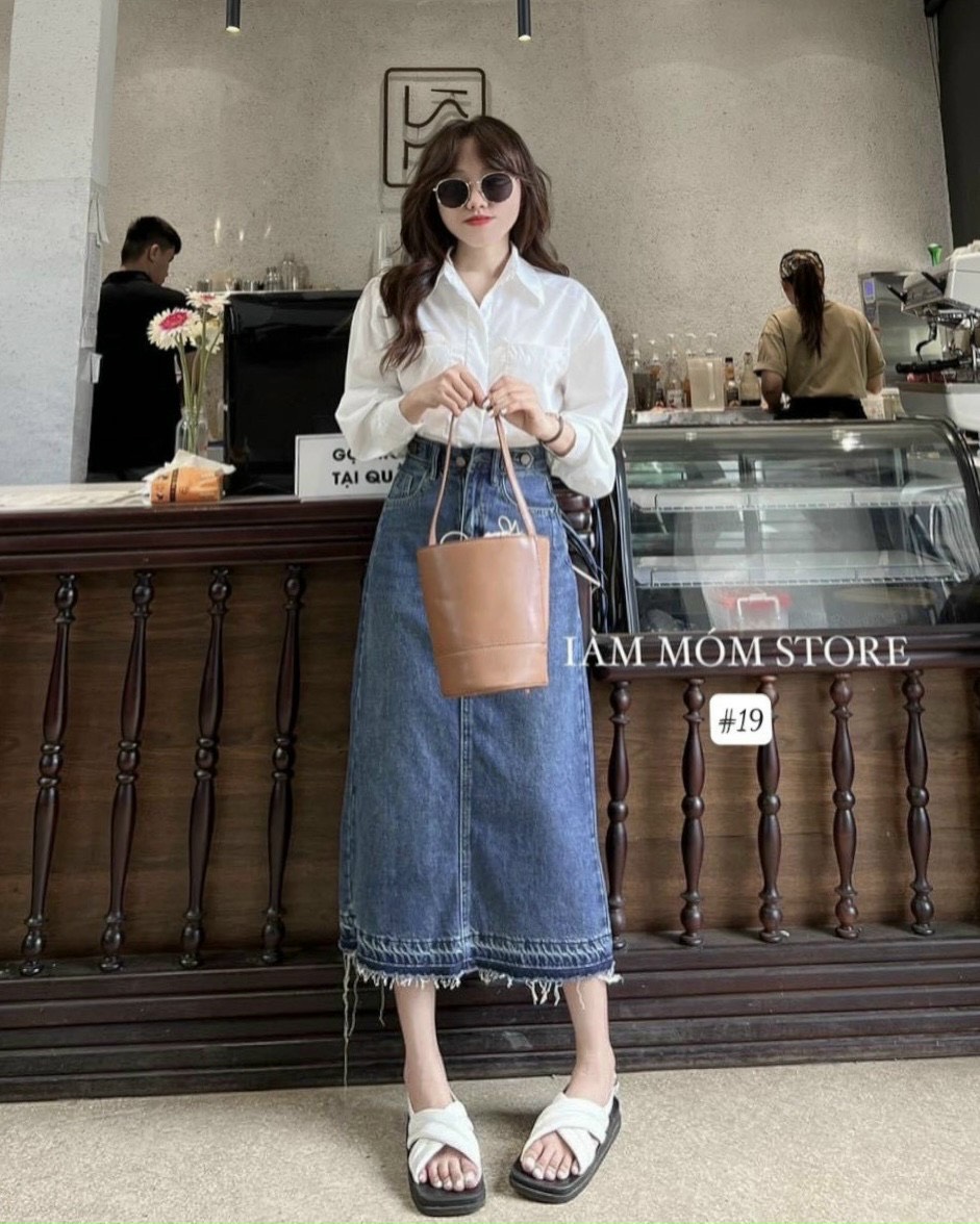 CHÂN VÁY JEAN DENIM DÀI SUÔNG TRƠN