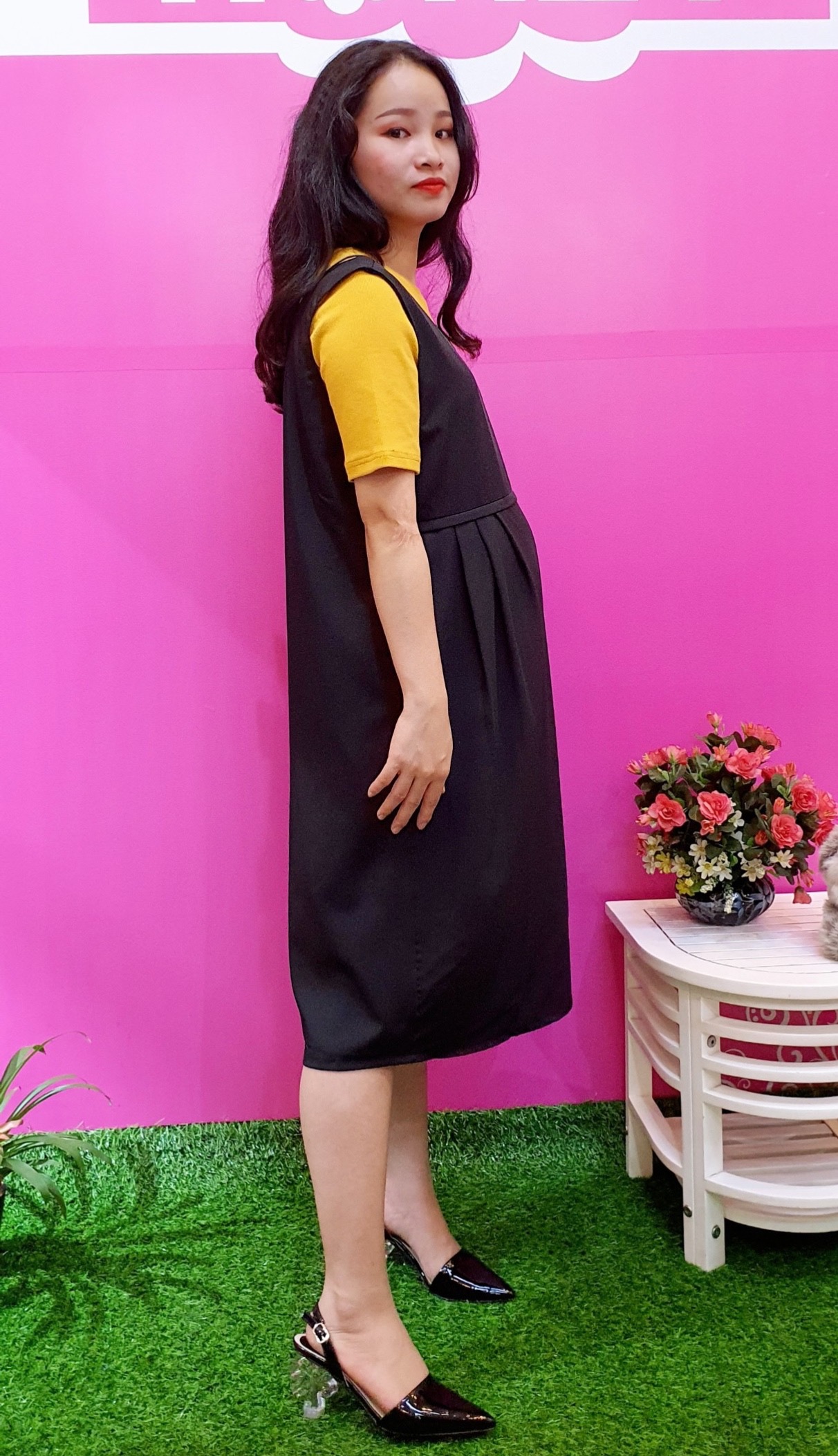 Yếm bầu vải thô xếp li nơ eo