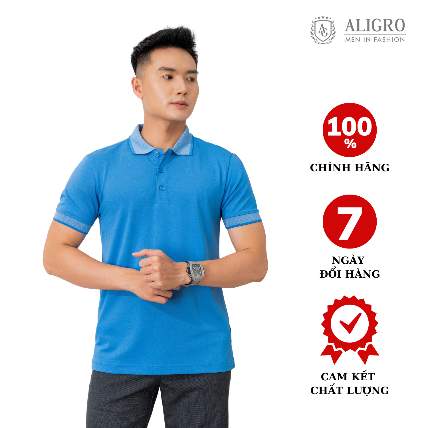 Áo thun polo nam cộc tay trơn màu xanh aligro ALGPLO26