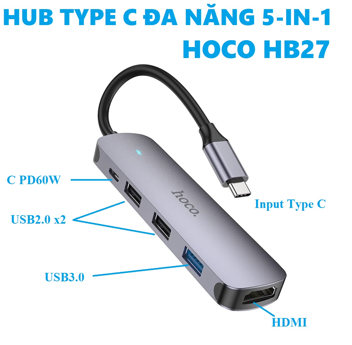 Hub C bộ chia cổng type C đa năng 5 in 1 cho laptop tablet điện thoại hoco HB27 _ Hàng chính hãng