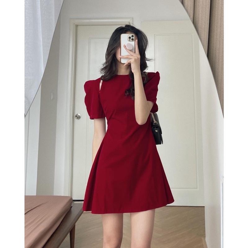 Đầm váy nhung đỏ tay bồng xẻ vai tiểu thư