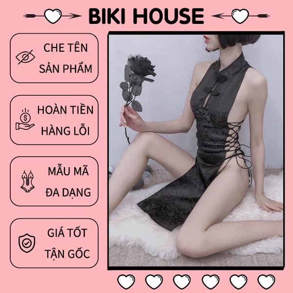 Sườn xám sexxy đan dây hông gợi cảm cosplay sườn xám Trung Quốc gấm đen trắng sexy đáng yêu BIKI HOUSE N781 - Hỏa Tốc